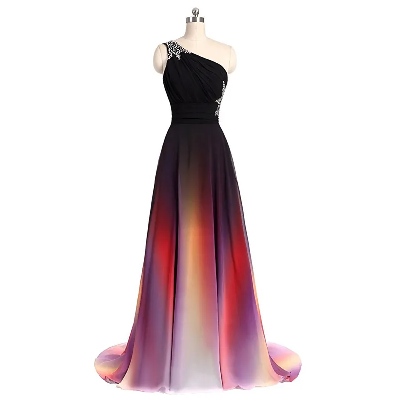 Sexy One Shoulder Ombre Lange avond Prom Dresses Chiffon Een lijn Plus Size Vloer-lengte Formele Partijjurk BM05