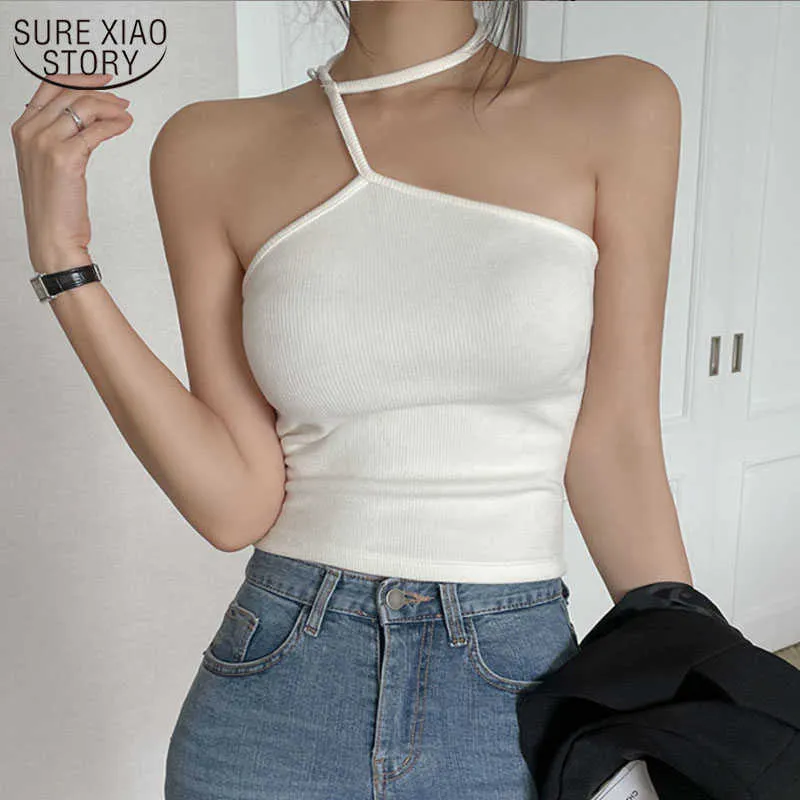 Blusas Summer Tops Women Black White Sling Asymmetric Knitted Top Solid Vest Sexy Cotton Short Tank Fashion Women Shirt 14493 210527