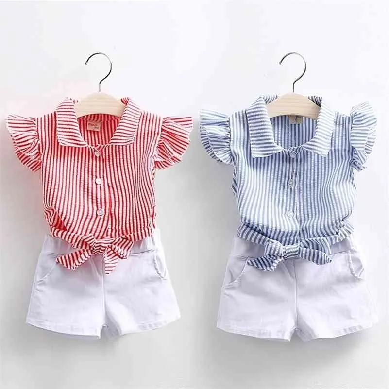 Sommar 2 3 4 5 6 7 810 år Teenage Young Kids Girl Bomull Striped Fly Sleeve T-shirt + Vit Shorts 2 Piece Outfits Suit Sets 210701