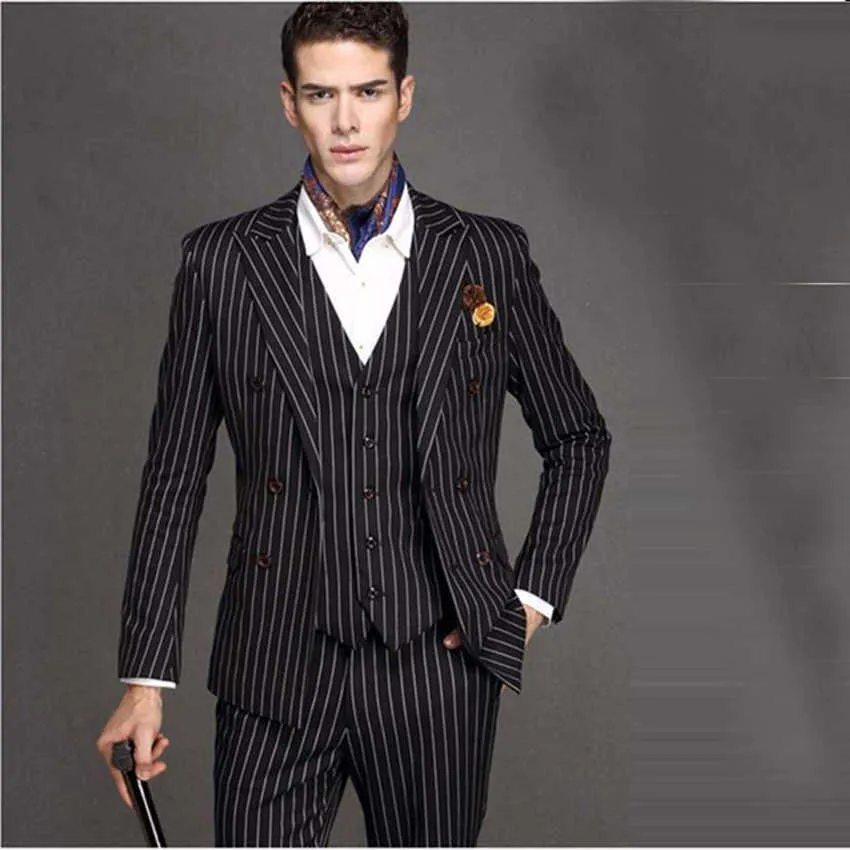 2019 Nowy Czarny Wedding White Pinstripe Men Suit Petsed Lapel Terno Masculino Slim Fit Blazer Mężczyzna Formalne Business Mens Set Set X0909