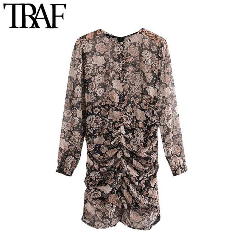 Women Fashion Metallic Thread Floral Print Pleated Mini Dress Vintage Long Sleeve With Lining Female Dresses Mujer 210507