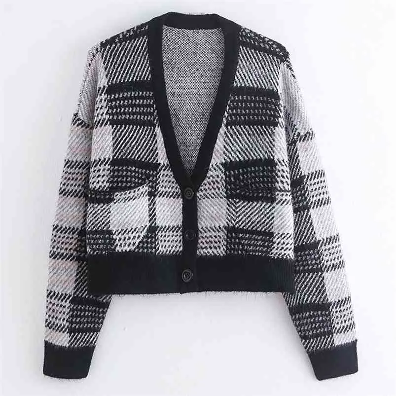 Frauen Herbst Winter Plaid Pullover Mäntel Lange Ärmel Lose Plus Größe V-ausschnitt Weibliche Vintage Mode Pullover Oberbekleidung 210513