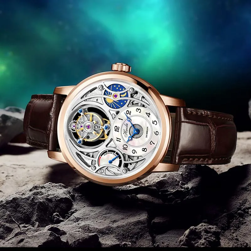 Projektant zegarek zegarek Tourbillon zegarek szkielet dla mężczyzn haofa małe liczby arabskie skala scale pokrętła księżyc faza mocy rezerwat Sapphire Waterproof