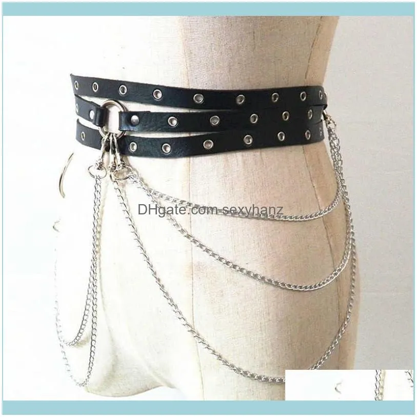 Sexy Pub Female Leather Skirt Belts Punk Gothic Rock Harness Waist Metal Chain Body Bondage Hollow Belt Accessories for Lady