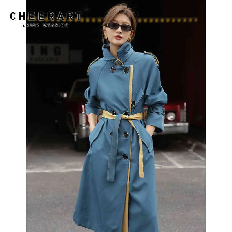 Trench-coat à double boutonnage bleu femmes hiver longs et vestes coupe-vent ceinturé trenchcoat vêtements d'extérieur 210427