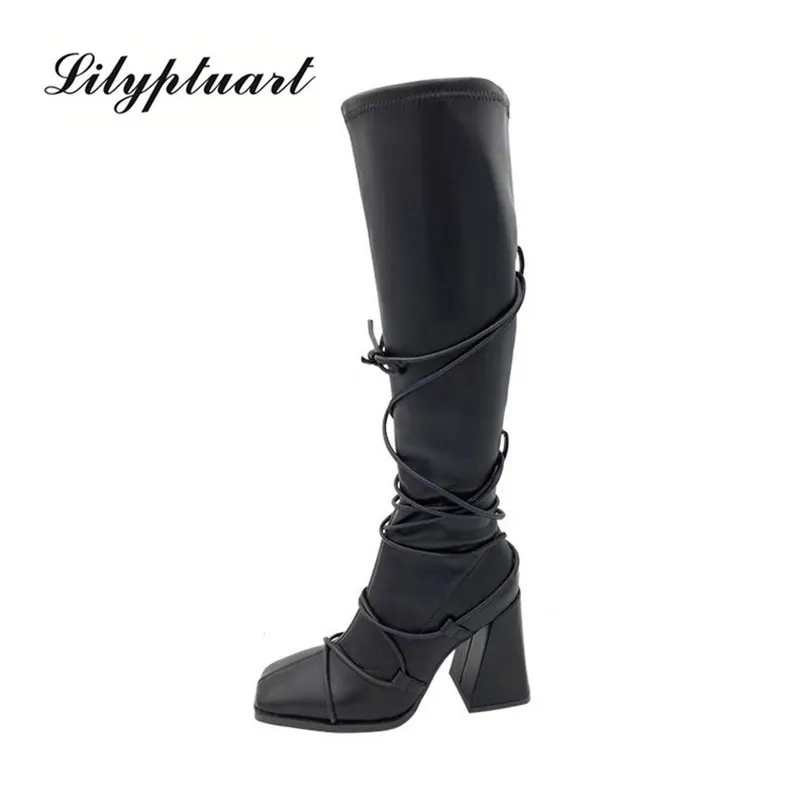 Winter High-Heied Square-Tood Boots maar Knie-High Cross-bandjes Stovenpipe Stretch Woman Shoes High Heels Sexy 211105