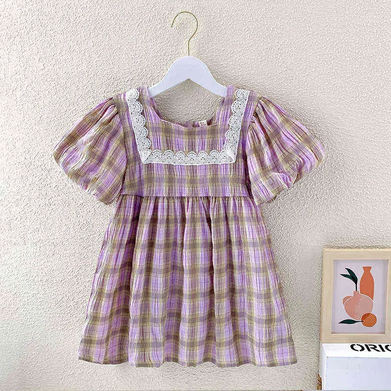 Dziewczyny Sukienki Sukienki Puff Rękaw Koronki Paski Princess Dress Girl Baby Girl Dress Toddler Girl Ubrania Dzieci Moda Dress 2 3 4 5 6Y G1129