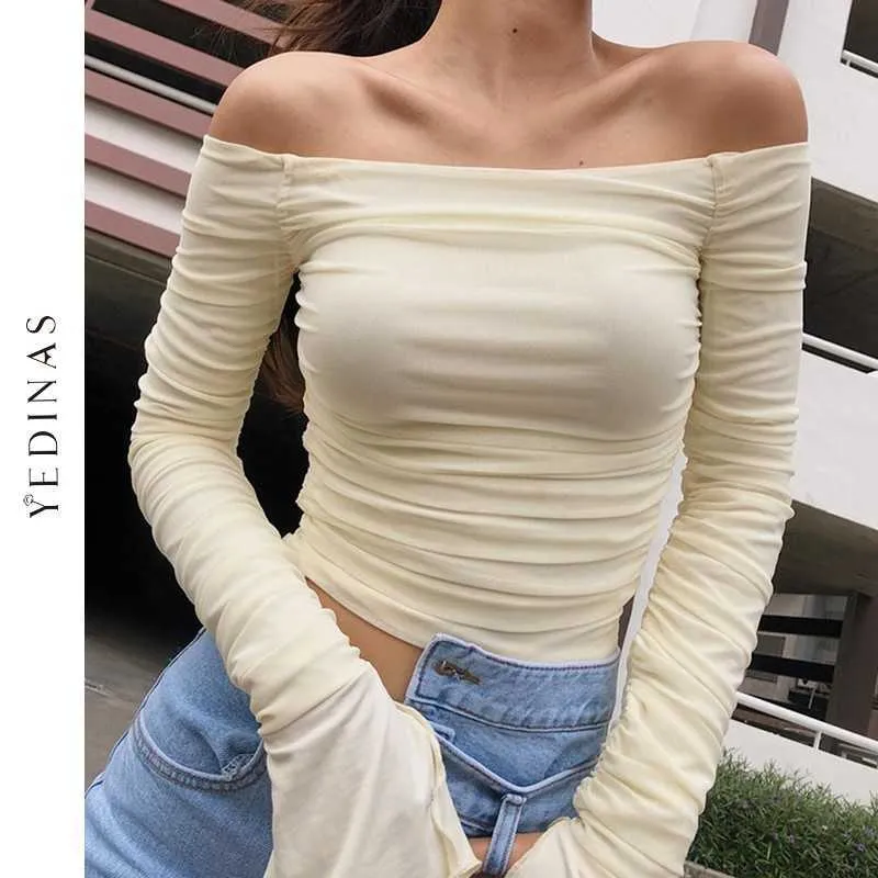 Yedinas Sexy Slim Mesh Crop Top Women Flare Sleeve Off Shoulder Slash Neck Bodycon T Shirts See Through Streetwear Spring 210527