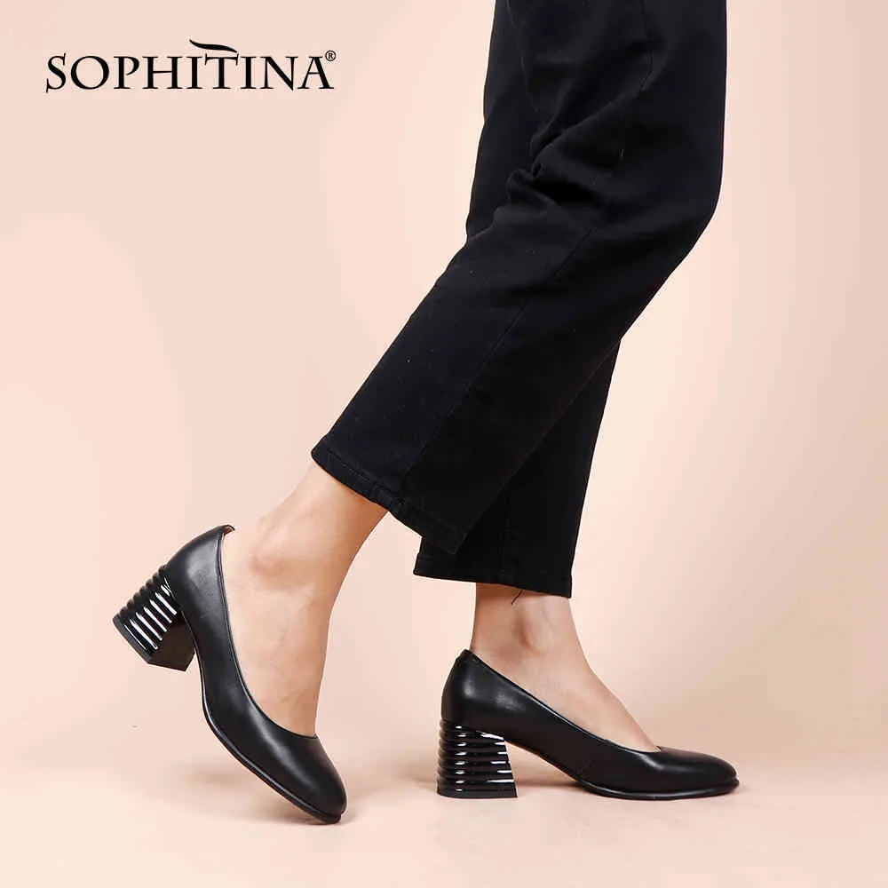 SOPHITINA Décolleté Donna Punta tonda bassa Vera pelle Nero Stile conciso Tacco alto quadrato a righe Scarpe da donna da ufficio PC947 210513