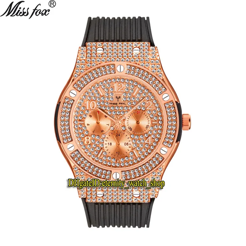 MissFox Eternity V314 Hip Hop Fashion Męskie Zegarki CZ Diament Inlay Rose Gold Dial Kwarcowy Ruch Mężczyźni Zegarek Out Diament Diamentów Bezel Alloy Case Black Guma Bransoletka