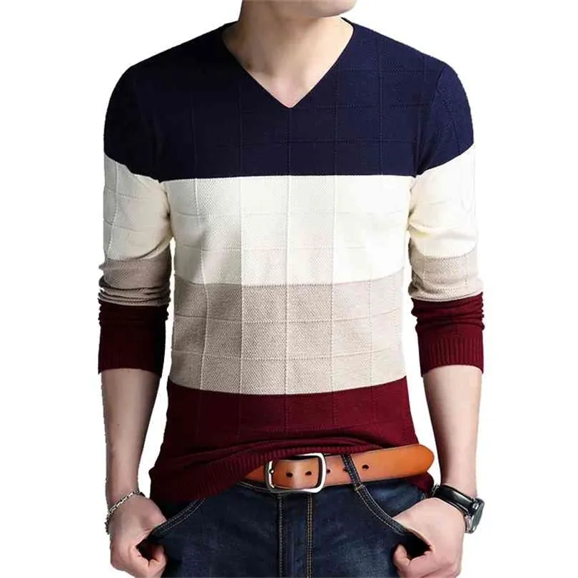 Tfetters merk-trui herfst heren lange mouwen t-shirt V-hals slanke truien gebreide gestreepte bodem shirt groot M-4XL 210918