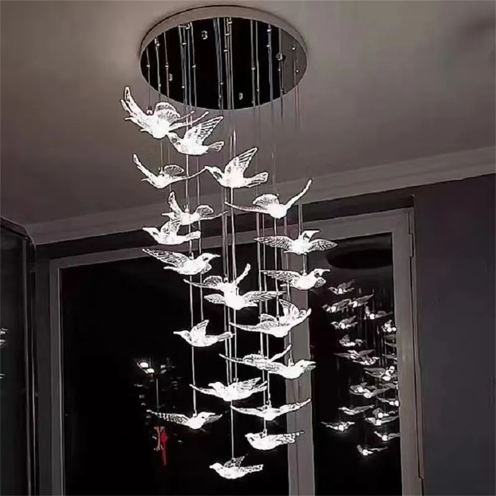 Clear Acrylic LED Bird Chandelier Pendant Light Glowing Villa Hotel Restaurant Staircase Lighting Fixture