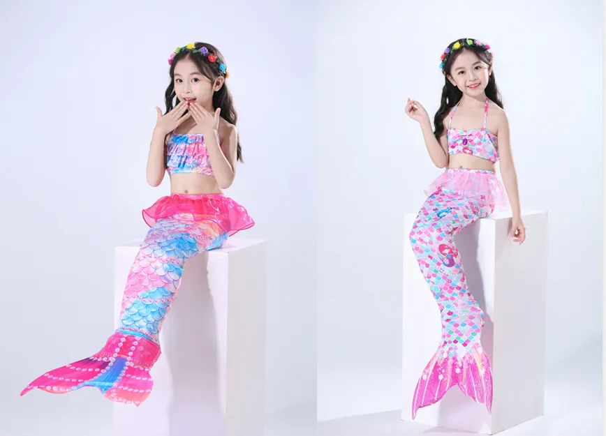 Girls Two Piece Colorful Mermaid Swimsuit Mermaids Tail with Flippers Bikini Set 2-11T Kids Princess Swimwear 2 Style