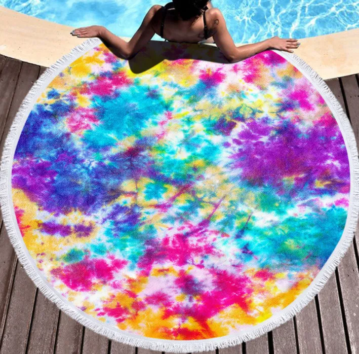 De laatste 150 cm ronde bedrukte strandhanddoek, tie-dye lichtstijl, microfiber, kwastjes, soft touch, ondersteuning aangepaste logo