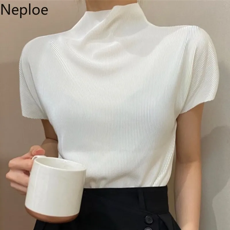 Neploe Ice Silk Knitwear Tops Women Summer Simple Temperament Shirt Half Turtleneck Short Blouses Blusas Mujer De Moda 210422