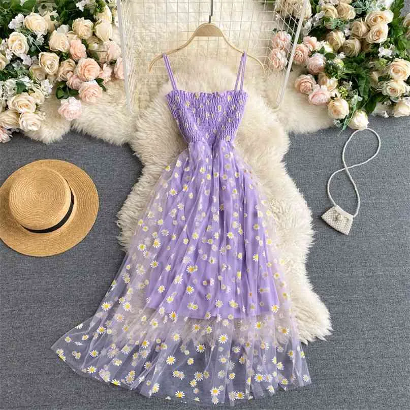 女性のファッションセクシーなメッシュ刺繍25スタッティー休日Aラインドレス甘いヴィンテージノースリーブvestidos R425 210527