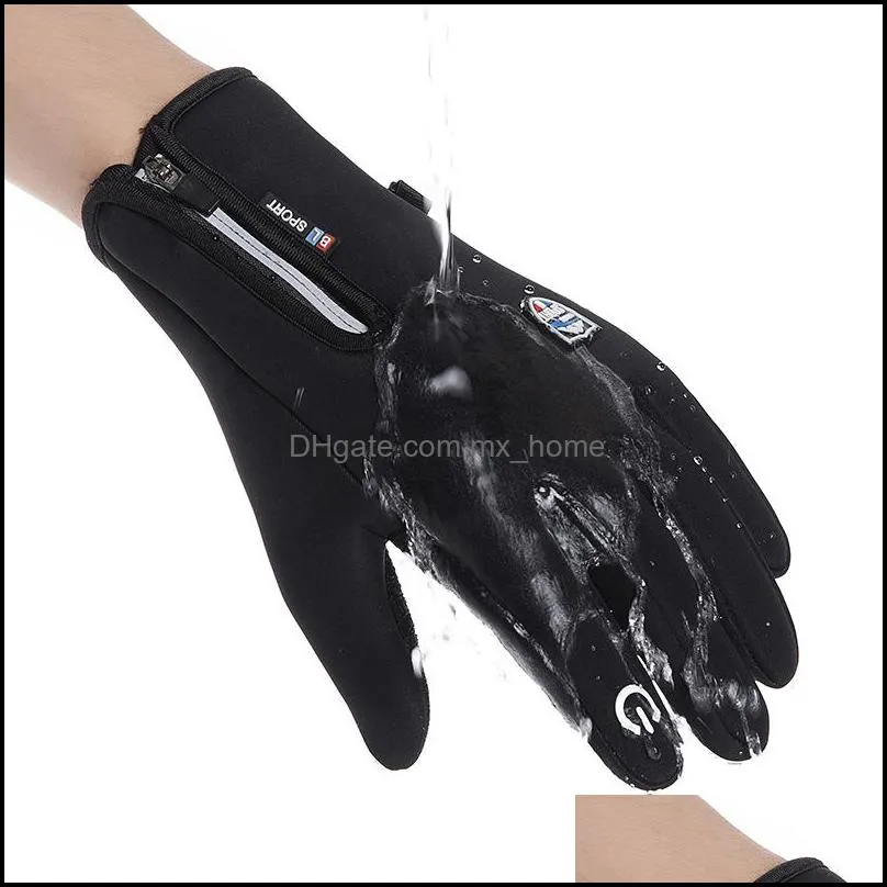 Warm Winter Cycling Glove Waterproof Windproof Non-slip Outdoor Thermal Gloves Plus Velvet Men Women Zipper Touch Screen Gloves VT1697