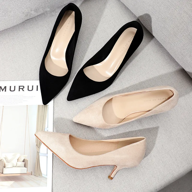 High Heels Shoes Woman Spring Office Lady Small Heels Faux Suede Pointed Toe Slip Ons Solid Party Wedding Women Pumps Heels 210520