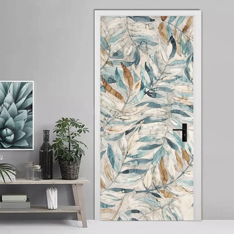 PVC auto-adhésif imperméable autocollant de porte moderne rétro feuille murale papier peint salon chambre porte affiche décor à la maison 3D décalque 210317