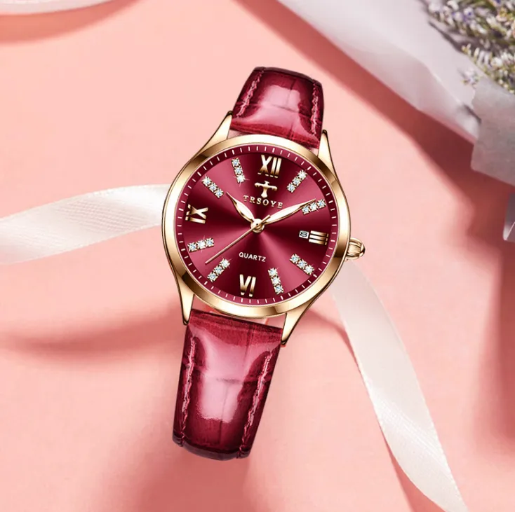 TRSOYE Brand Wine Red Dial Temperament Womens Watch Breathable Leather Strap Ladies Watches Luminous Function Trendy Goddess Wrist209g