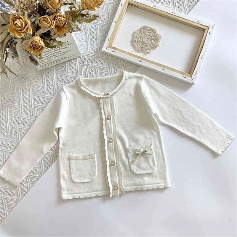 2-7Yrs Baby Girls Pure Color Cardigan Abrigos Moda Niños Outwear Manga larga Kids Knit 210521