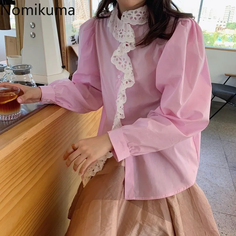 Nomikuma Chemises à rayures Coton Lin Simple Boutonnage Patchwork Rose Blouse Femmes Coréen Chic Vintage Sweet Tops Blusas 3c890 210514