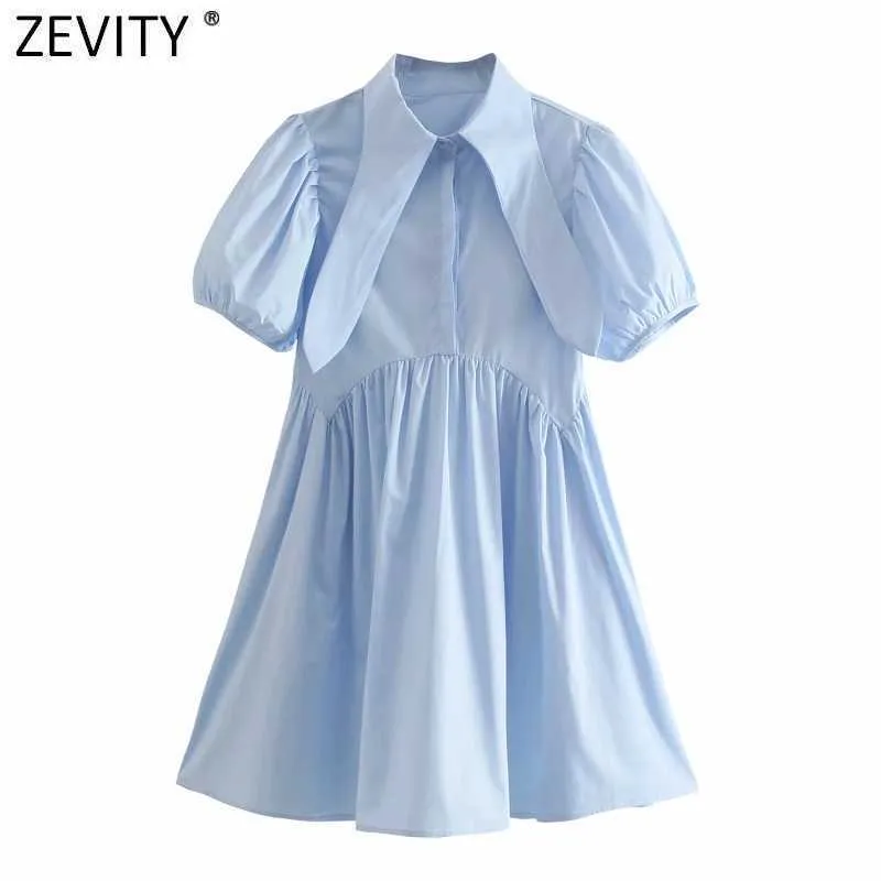 Zevity Mujeres Dulce Color Sólido Pliegues Poplin Mini Vestido Chic Linterna Manga Casual Vestidos Mujer Ocio Una Línea Vestidos DS8296 210603