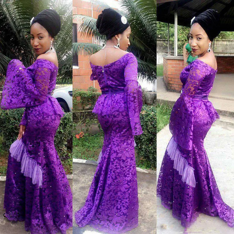 Plus la taille violet pleine dentelle robes de soirée sud-africaine à manches longues bouffantes sirène robe de bal Aso Ebi style longue célébrité robes de soirée col en V Sprical Occasion Wear