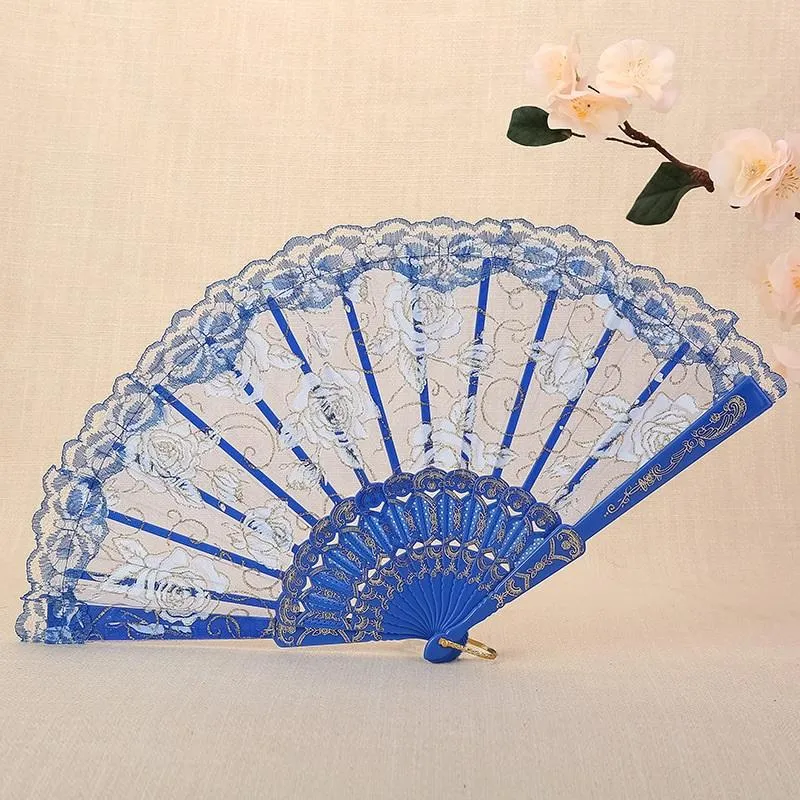 Lace Folding Dance Fan Craft Gifts Rose Flower Design Plastic Frame Silk Hand Fans FHH22-04