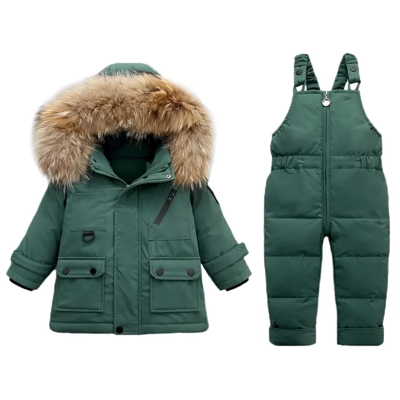 2Pcs Set Winter Children's Down Jacket Fur Collar Baby Girl Clothes Warm Boy Ski Suit Snowsuit Infant Outwear Coat For Babies 211025