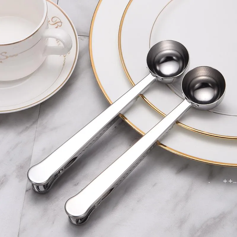 Useful Coffee Tea Tool Stainless Steel Cup Ground Coffee Measuring Scoop Spoon with Bag Sealing Clip RRB11602