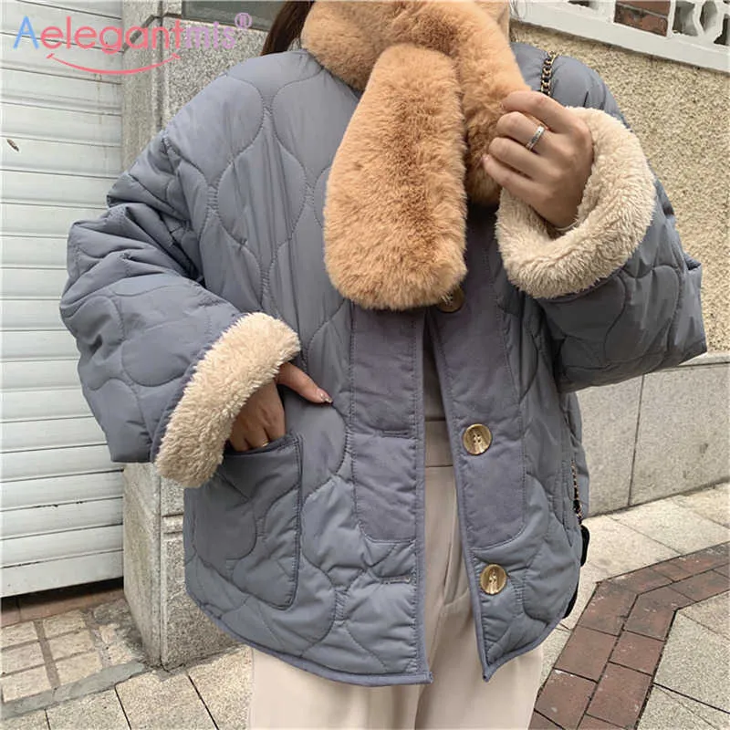 AELEGANTMIS Koreański luźny Casual Argyle Fleece Cienkie Płaszcz Kobiety Wiosna Lamb Lamb Wełna Teddy Jacket Samica Ciepłe Słodkie Parki Po obie strony 210607