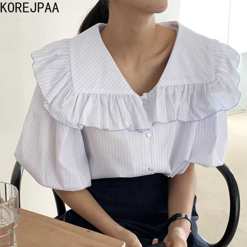 Korejpaa Kobiety Koszula Korea Letnia Moda Prosty Joker Potargany Duży Lapel Loose Single-Breasted Rękaw Bluzka Top 210526