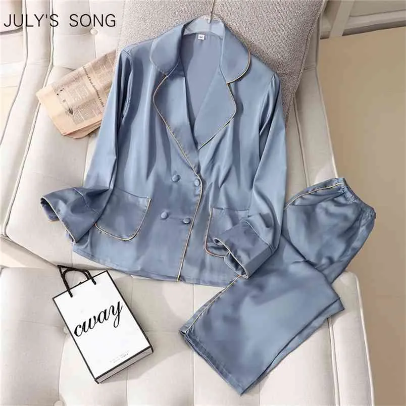 JULY'S SONG Faux Silk Pajamas Set Spring Summer Woman Sleepwear Casual Long-sleeved Trousers Satin Female Homewear 210830