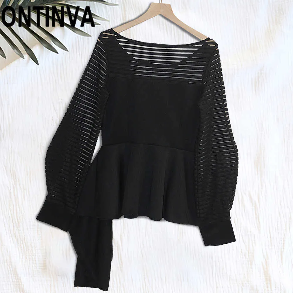 Preto Gótico transparente Latern Sleeve Peplum Tops Blusa Irregular Pleated Ruffles Trim Redondo Neck Sexy Blusas Retro Camisas Top 210527