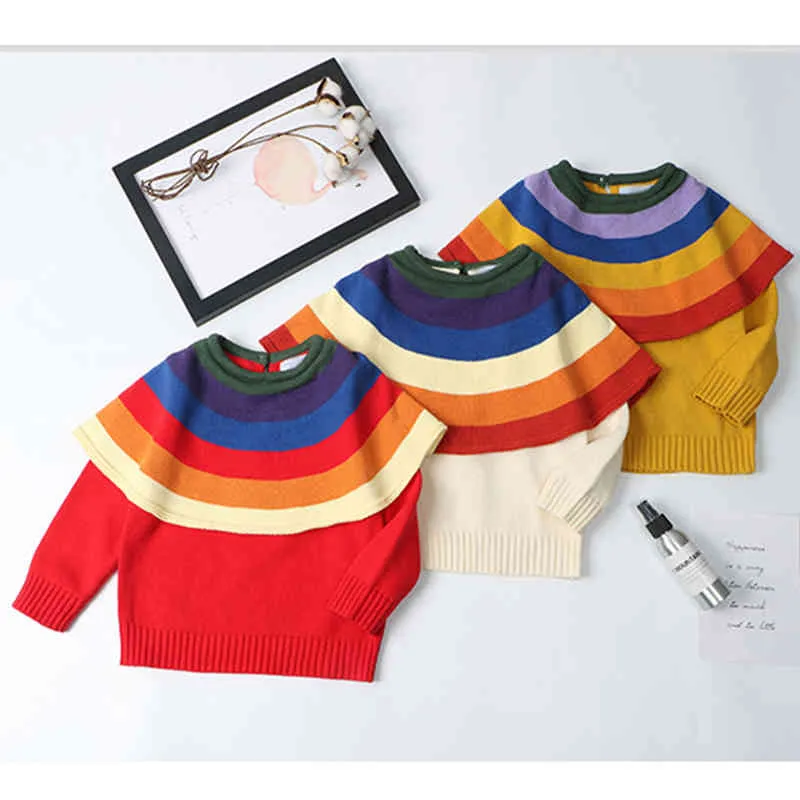 Dziewczynek Rainbow Swetry 1-7yrs Dzieci Odzież O-Neck Z Długim Rękawem Jesień Zima Dorywczo Dzieci Ubrania 210429