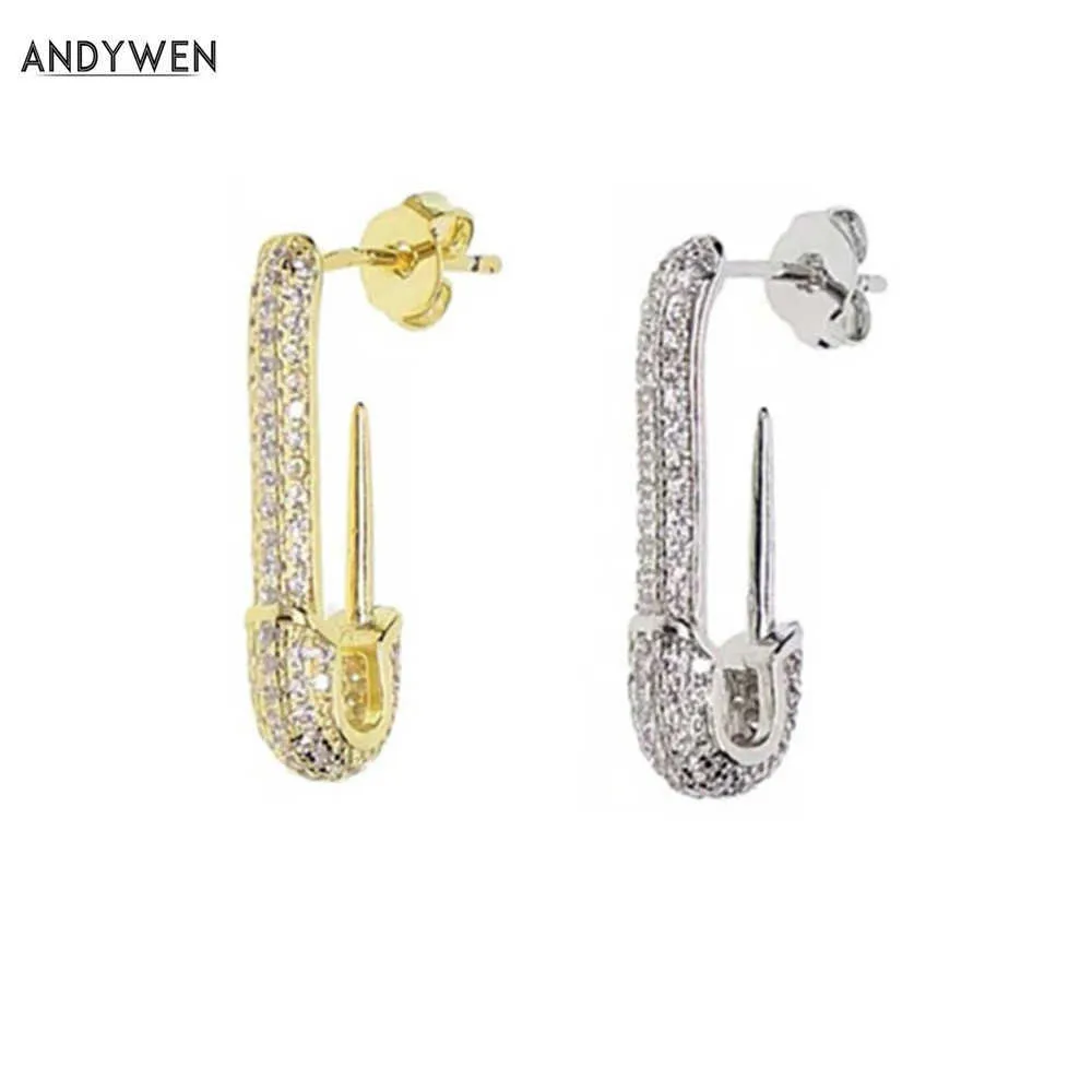 ANDYWEN 925 Sterling Silver 2 Type Gold Single Ear Safety Pin Earring Open Drop Earrings Women Statement Crystal Jewelry 210608