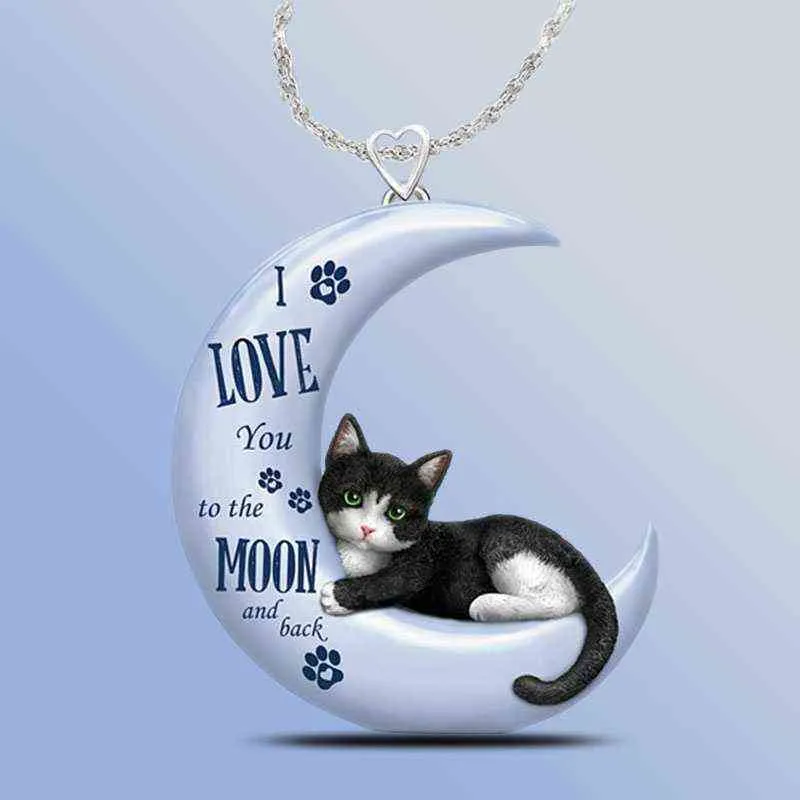 Exquis Blue Moon Cat Pendentif Collier pour Femmes Mignon Croissant Pendentif Collier De Fiançailles De Mariage Bijoux Cadeau pour Fille G1206