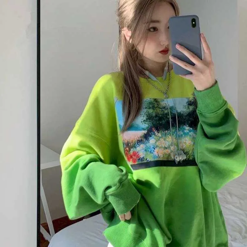 Automne coton Hoodies Small's Small Daisy Round Neck Neck Green Tie-Dye Oversize National Couple Lon 210526