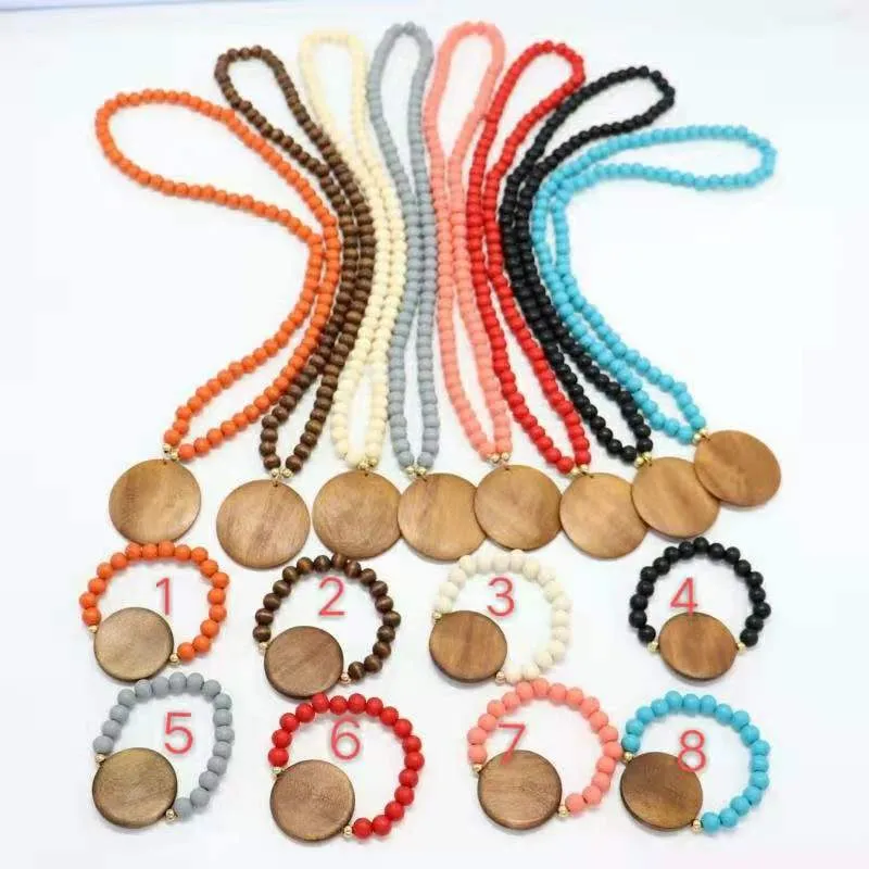 En gros créatif personnalisé bois collier de perles bracelet ensemble 5 cm disque blanc pendentif accessoire bijoux multicolore en option