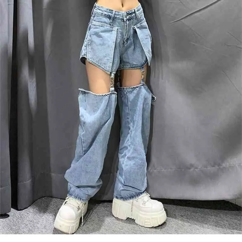 Wysokiej ulicy Dżinsy Damskie Spodnie Szerokie Spodnie Hip-Hop Bawełniane Luźne Retro Łańcuch Wymienny Cool Girls Damskie Dżinsowe Spodnie 210730