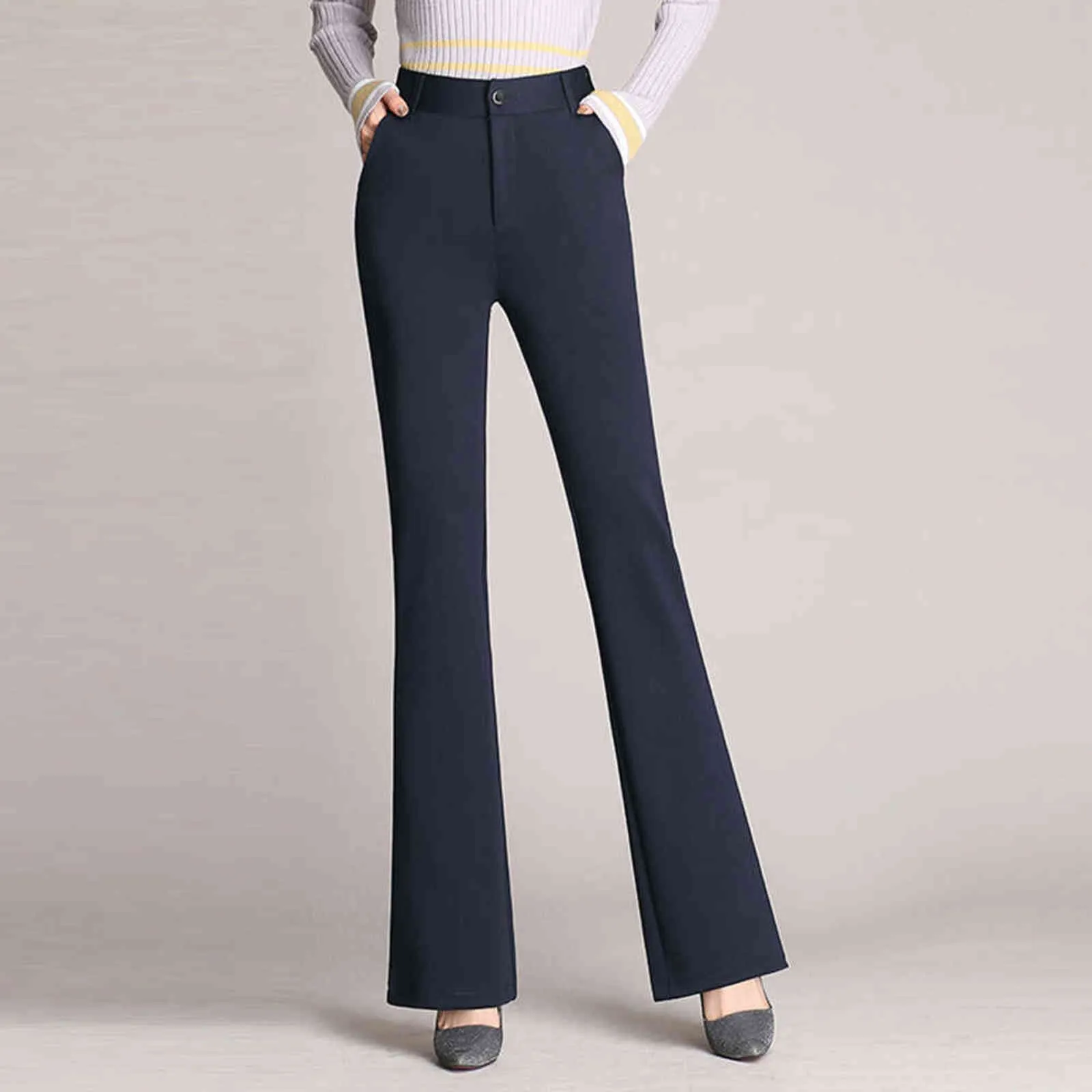 Klasik Vintage Yüksek Bel Flare Pantolon Kadınlar Için Streç Suit Kumaş Rahat Pantolon Ofis Bayan Düz Pantolon Artı Boyutu S-4XL Y1124