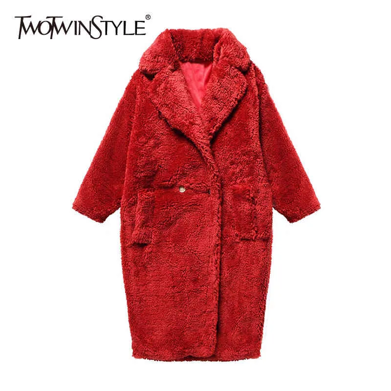 TWOTWINSTYLE Casual Faux Fur Coat For Women Lapel Long Sleeve Solid Red Lambswool Coats Female Fashion Clothing Winter 210517