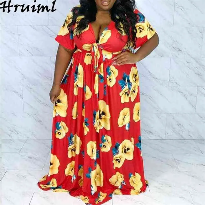 Плюс размер XL-5XL Maxi платья для женщин на шнуровке моды повседневная короткая рукава цветочные печать Африка стиль летний сарафан женский 210513