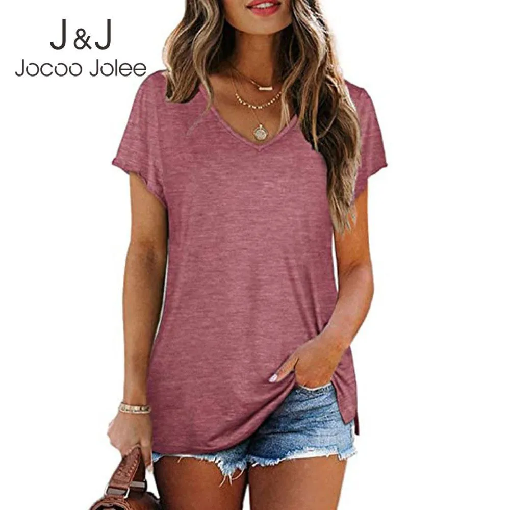 Jocoo jolee vrouwen lente zomer reguliere noodlijdende losse casual v-hals effen korte mouw T-shirt Basic elegante sport Tee 210518