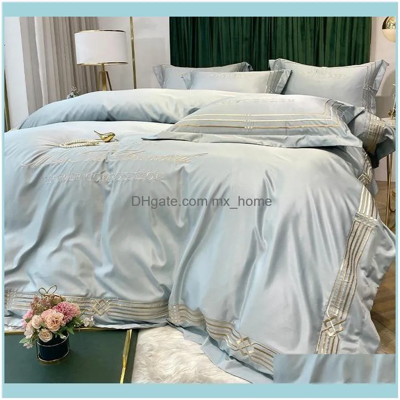 Bedding Sets 4pcs Ice Silk Set Nordic 29 Color Embroidery Quilt Cover Bed Sheet Pillowcase For Queen King Bedsheet Duvet Covers