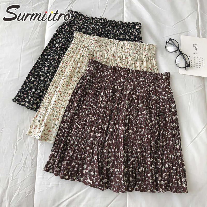 Surmiitro Summer Miniプリーツスカート女性韓国風白い黒い花のシフォンAラインハイウエストサンショートパンツスカート女性210712