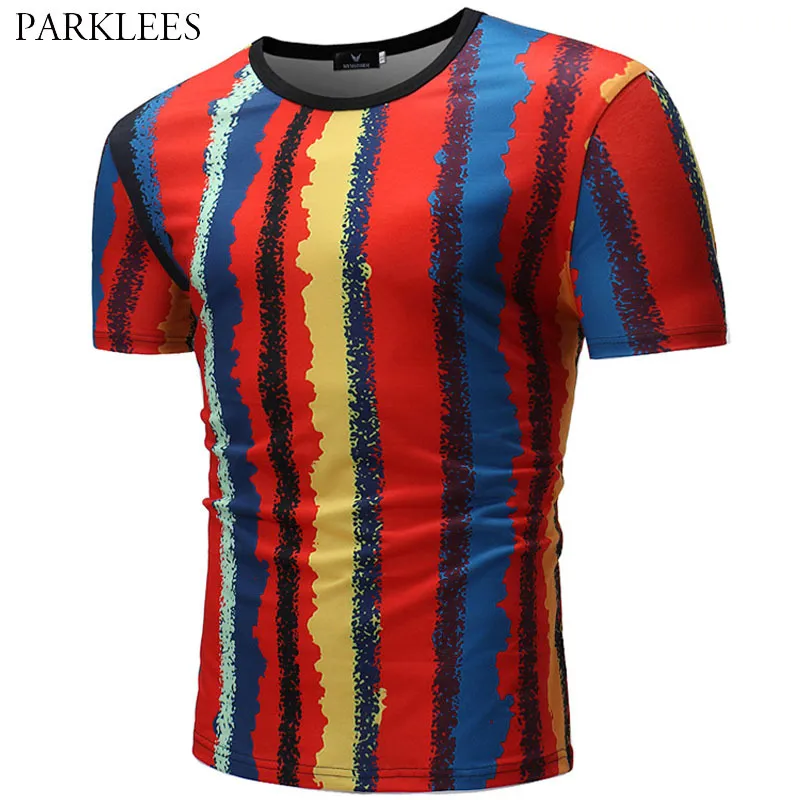 Färgglada Rainbow Mens Tshirt Fashion Stripe Graffiti Hit Färg T-shirts för män Casual Slim Fit Sommar Män Toppar Tee Män Kläder 210524