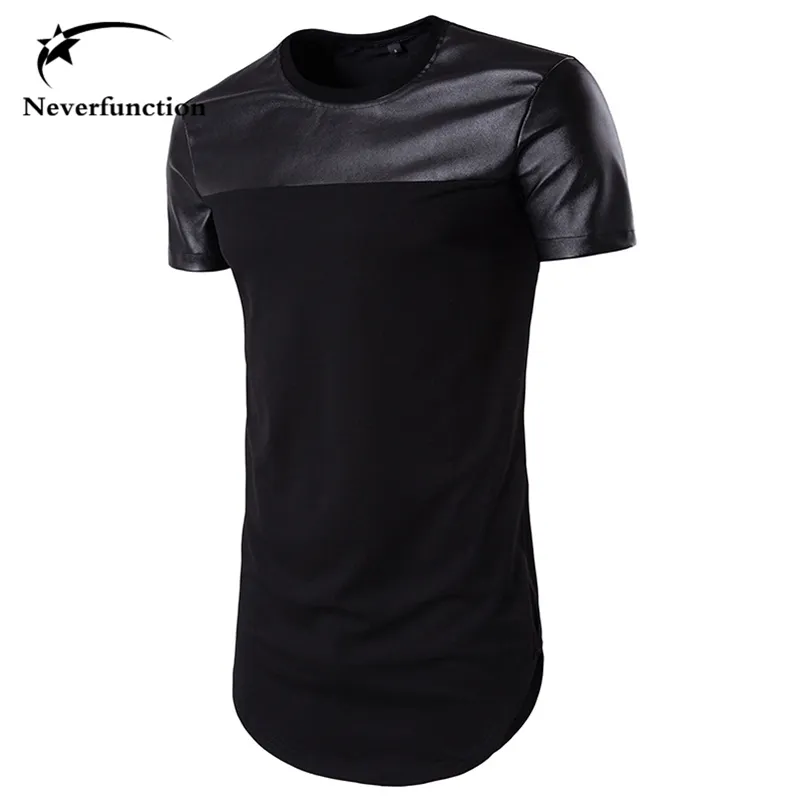 Sommar män Curved Hem Casual T-shirt Men PU Läder Stitching Street Swag Hip Hop Bomull Utökad Tee Kortärmad Män Tshirt 210726