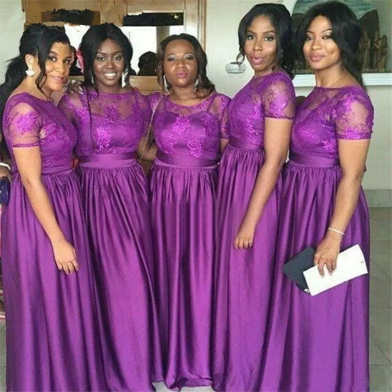 Purple Bridesmaid Dresses Short Sleeves Lace Chiffon Plus Size Jewel Neck Floor Length Custom Made African Maid Of Honor Gown Country Wedding Party Vestido